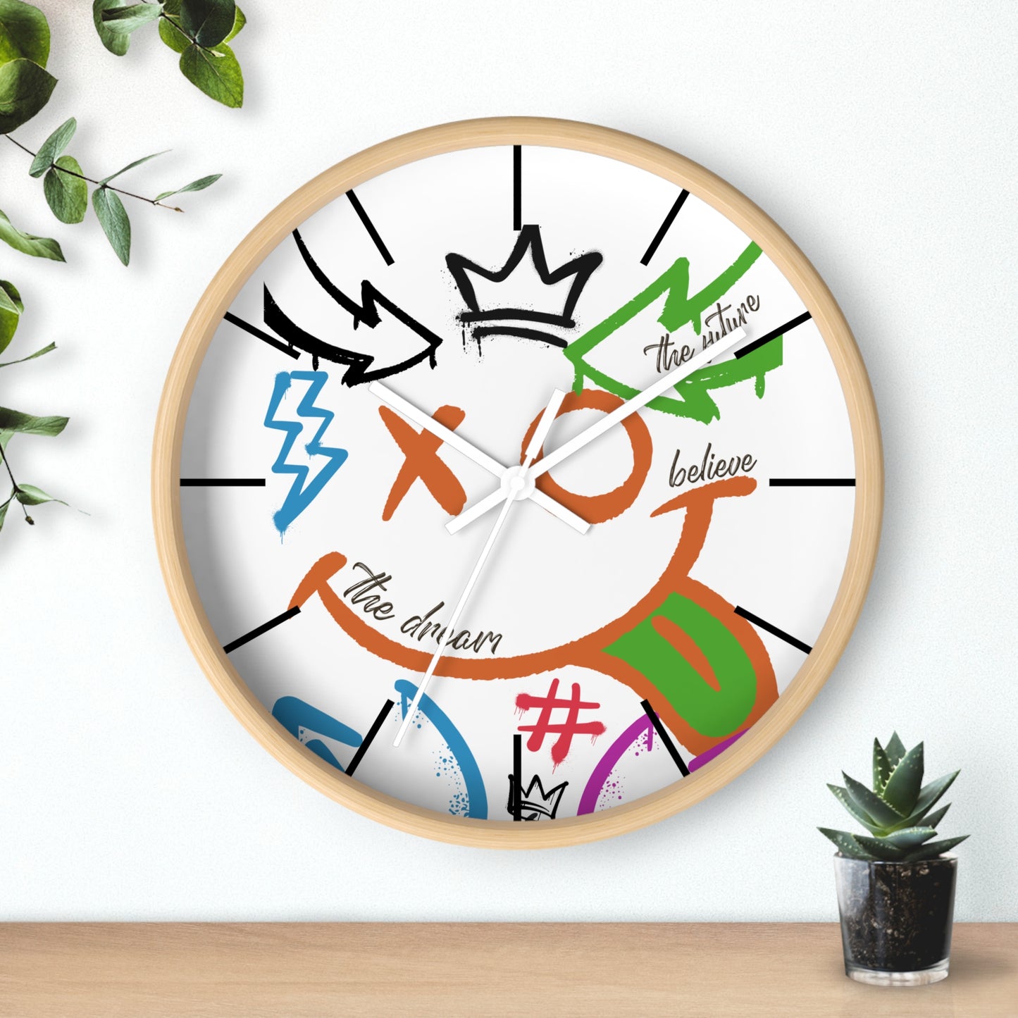 Wall Clock - The Dreamer Collection, Motivational, Colorful, Graffiti Street Art Trendy Design