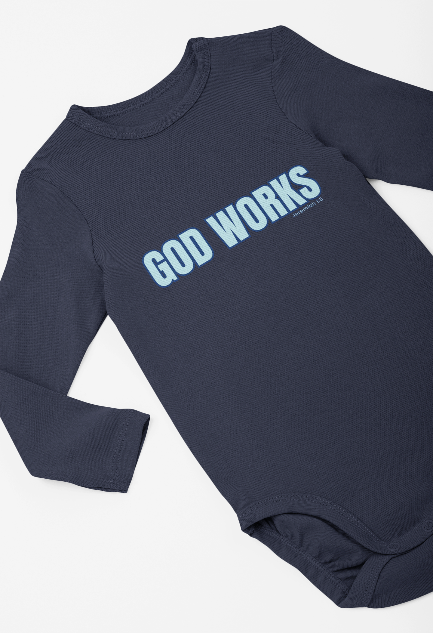 Baby Bodysuit — "God Works" Christian Long-Sleeve Organic Onesie with Cross