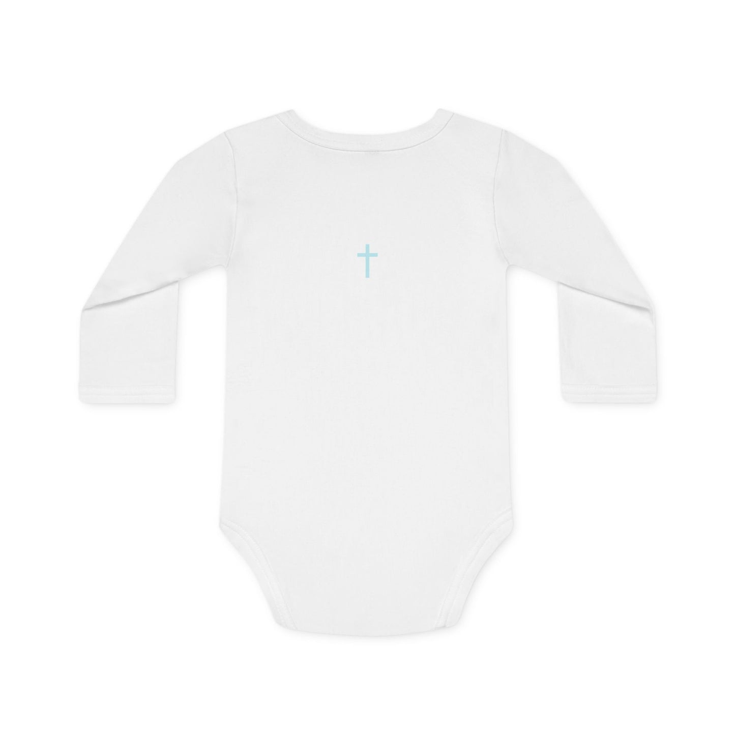 Baby Bodysuit — "God Works" Christian Long-Sleeve Organic Onesie with Cross