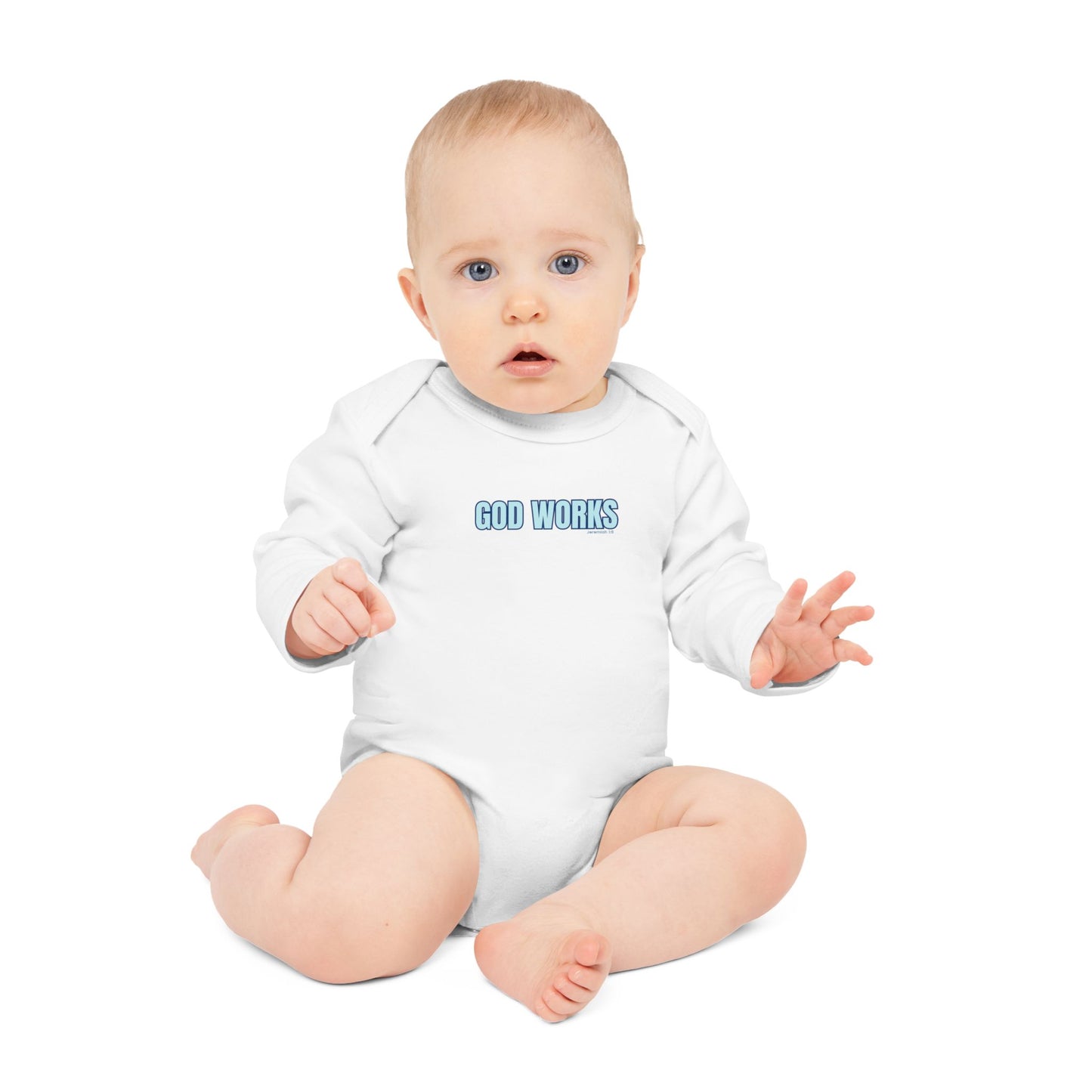 Baby Bodysuit — "God Works" Christian Long-Sleeve Organic Onesie with Cross