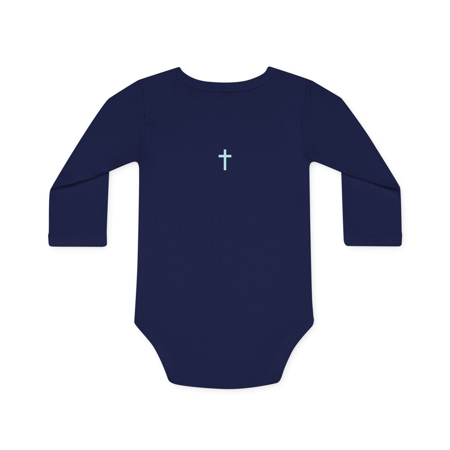 Baby Bodysuit — "God Works" Christian Long-Sleeve Organic Onesie with Cross