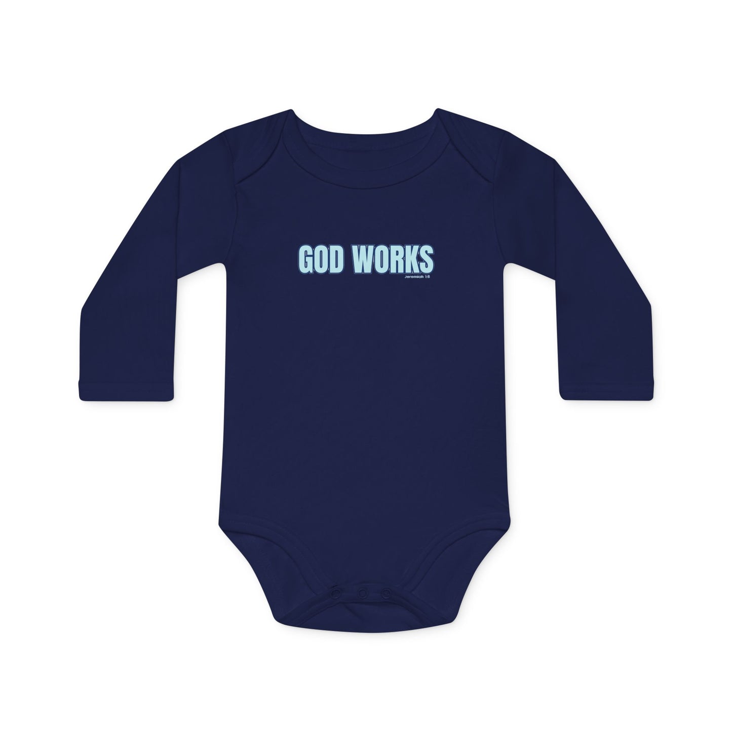 Baby Bodysuit — "God Works" Christian Long-Sleeve Organic Onesie with Cross