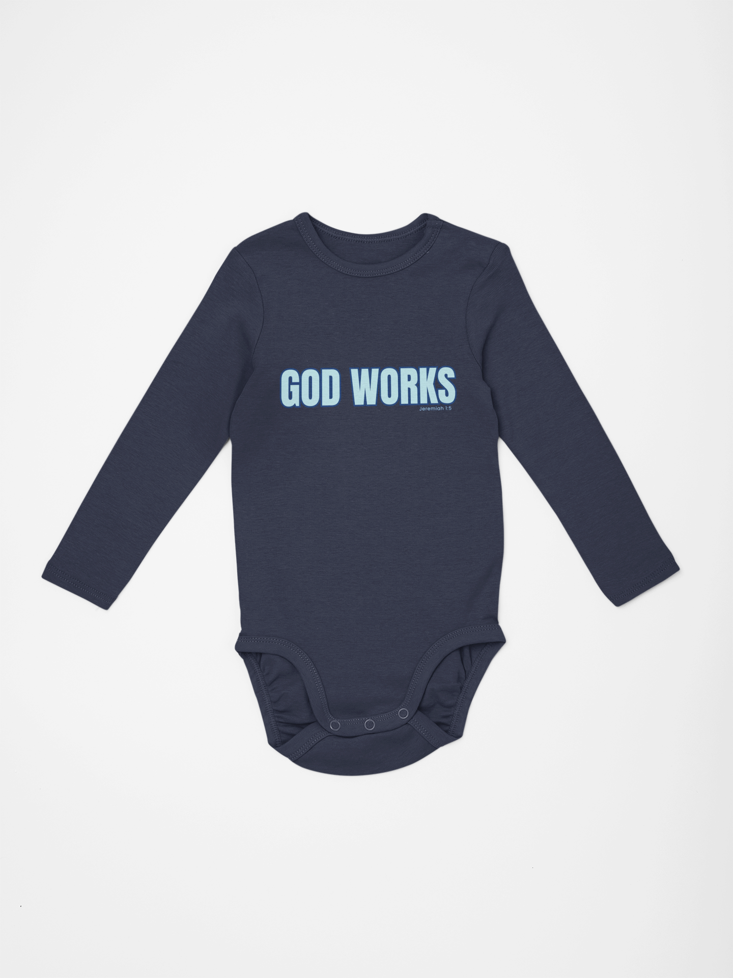 Baby Bodysuit — "God Works" Christian Long-Sleeve Organic Onesie with Cross