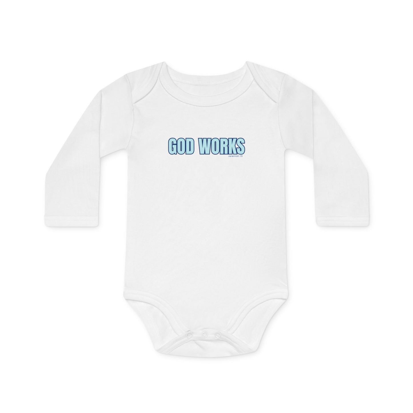 Baby Bodysuit — "God Works" Christian Long-Sleeve Organic Onesie with Cross