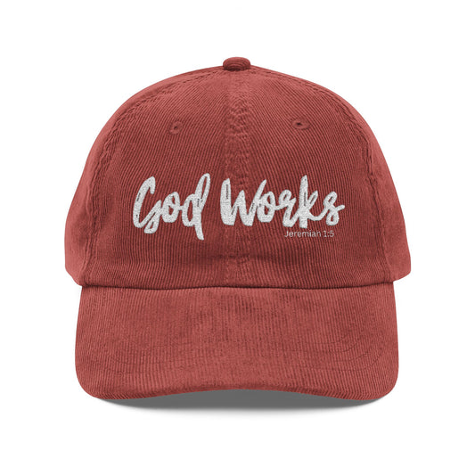 Vintage Corduroy Cap with 'God Works' Embroidery