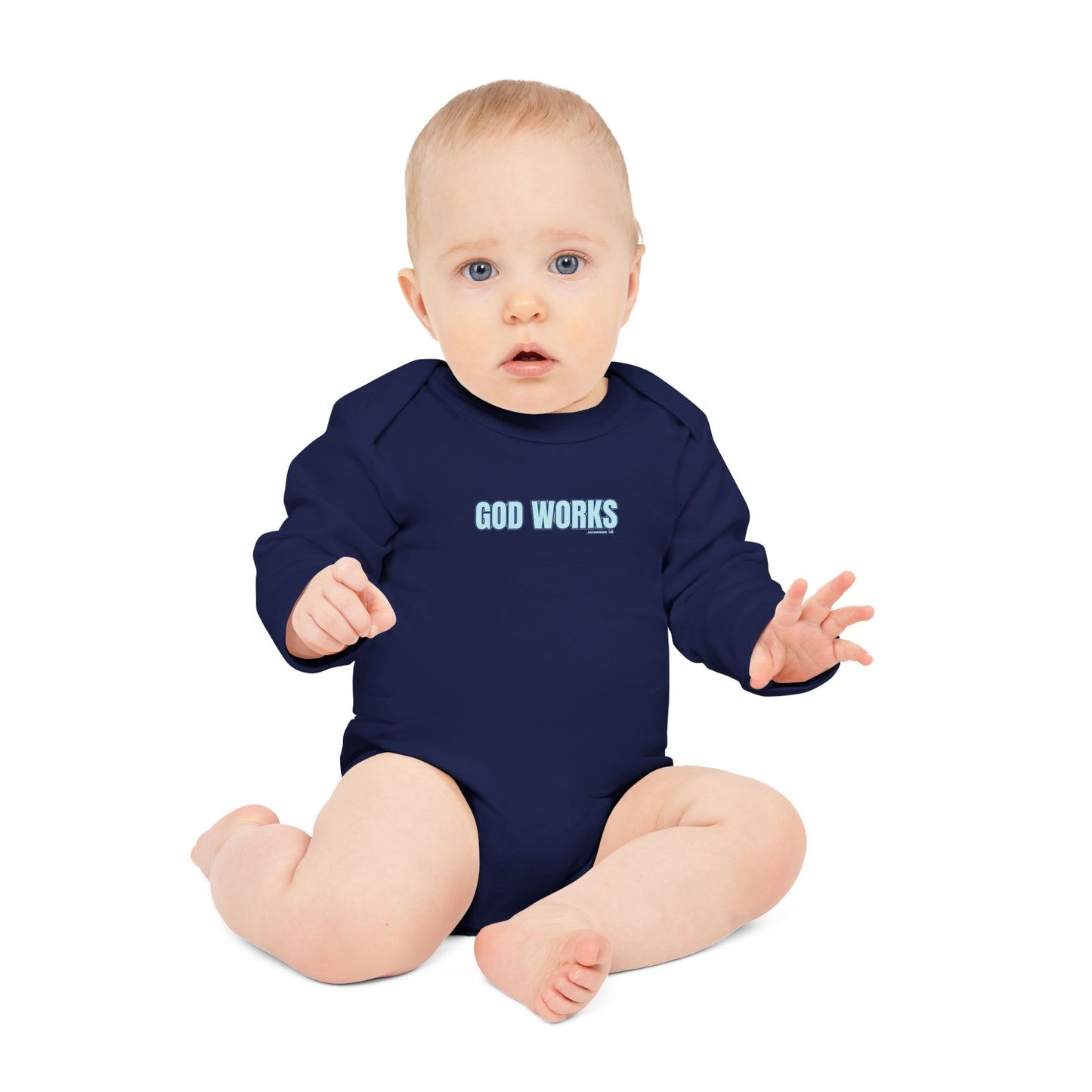 Baby Bodysuit — "God Works" Christian Long-Sleeve Organic Onesie with Cross